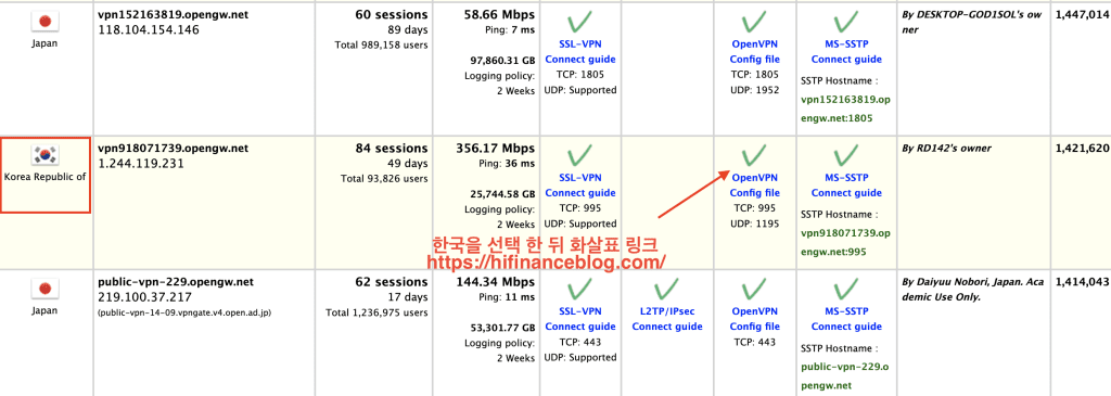 해외에서 월드컵 중계 보는 법 VPNGATE 한국 서버 선택 화면