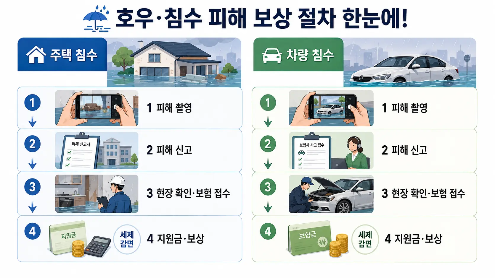주택 침수와 차량 침수 피해의 촬영, 신고, 현장 확인, 보상 절차를 정리한 안내 이미지