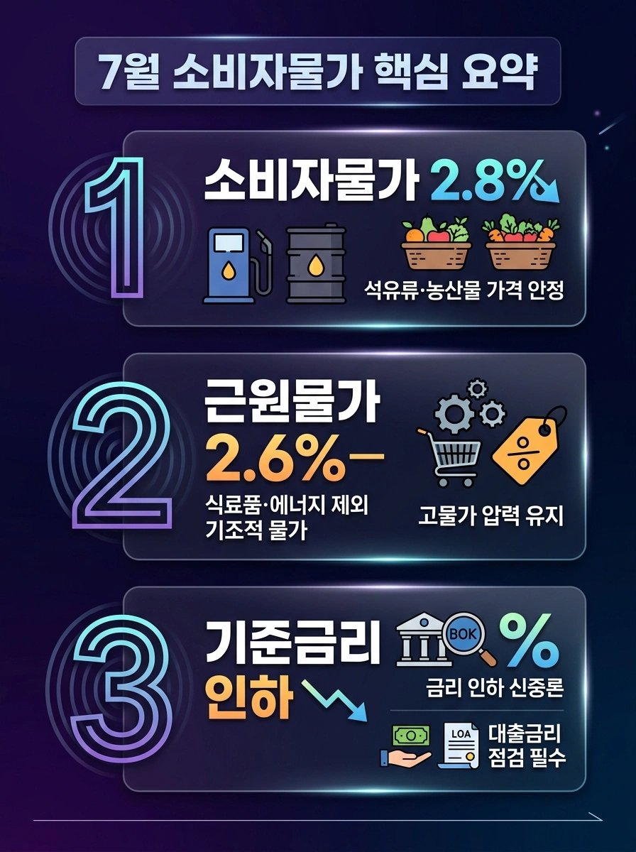 7월 소비자물가 상승률 2.8% 및 한국은행 기준금리 핵심 요약 인포그래픽