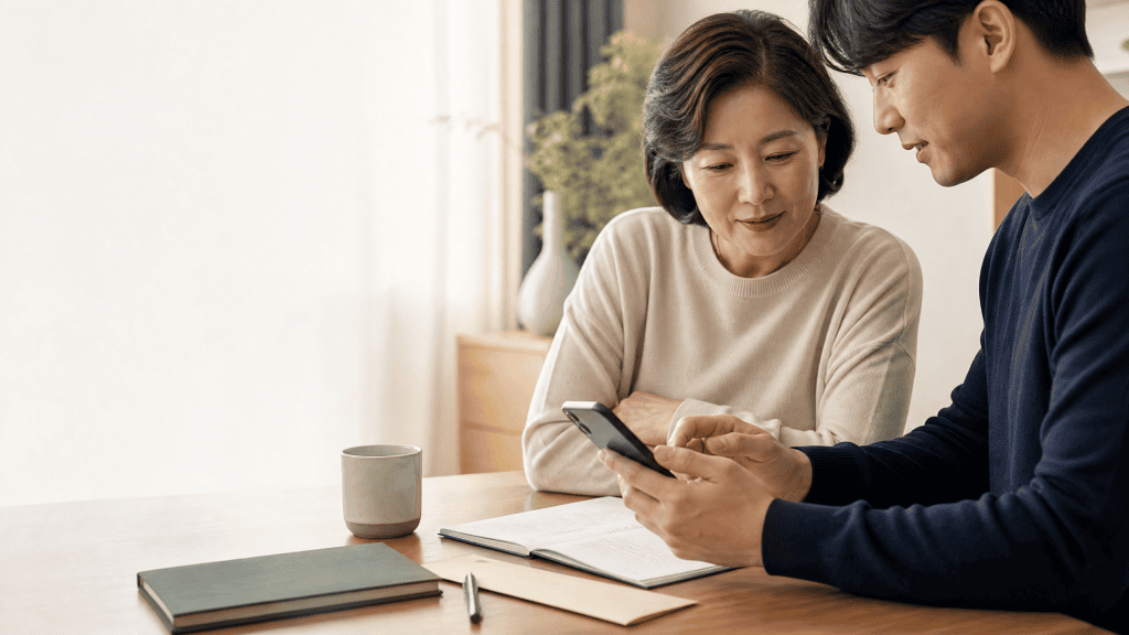 부모와 성인 자녀가 계좌이체 내역과 가족 재정 기록을 확인하는 모습