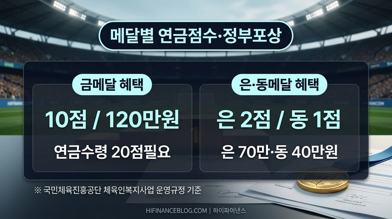 아시안게임 메달별 경기력향상연구연금 평가점수 및 정부 포상금 비교 표