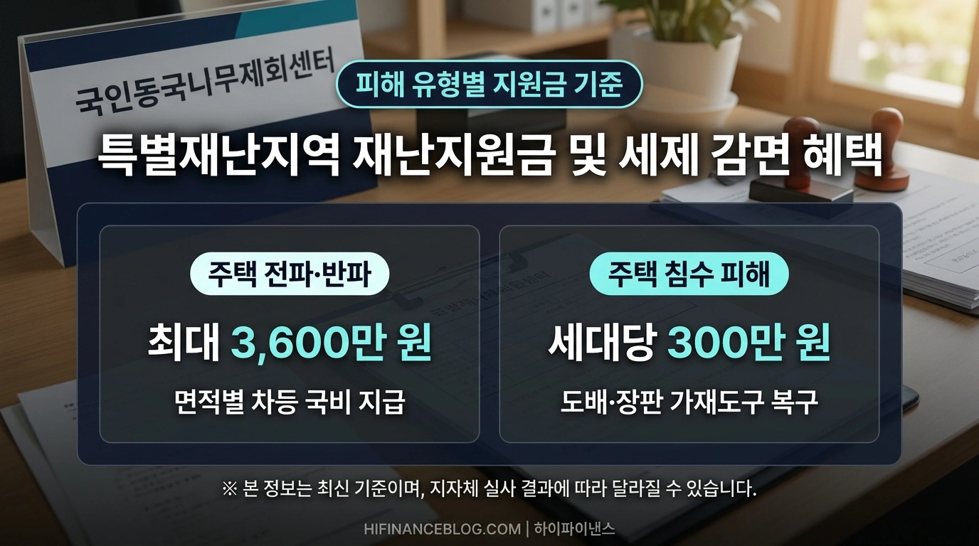 주택 피해 유형별 특별재난지역 재난지원금 지급 기준표