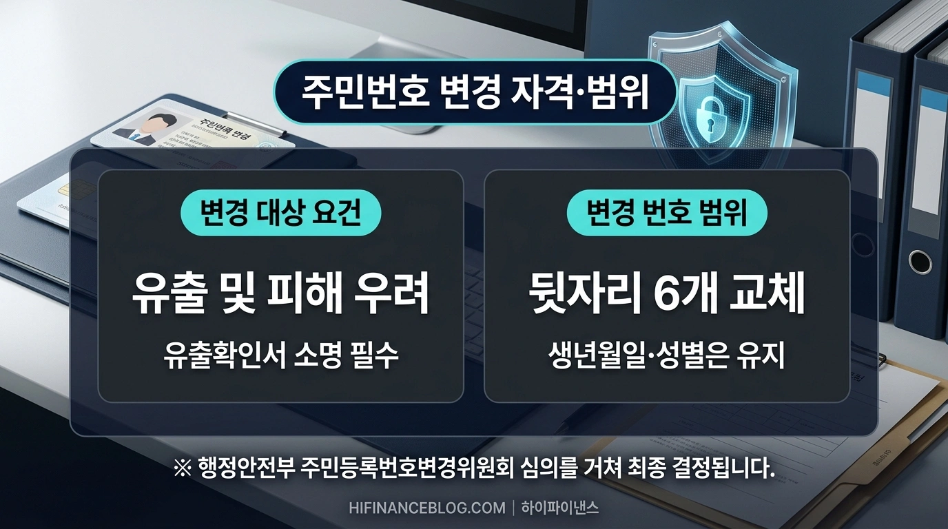 주민등록번호 변경 대상 요건 및 변경 번호 범위 인포그래픽